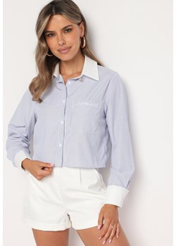 Niebieska Krótka Koszula w Paski na Guziki z Ozdobnymi Kieszeniami Ralflea ze sklepu Born2be Odzież w kategorii Koszule damskie - zdjęcie 173657796