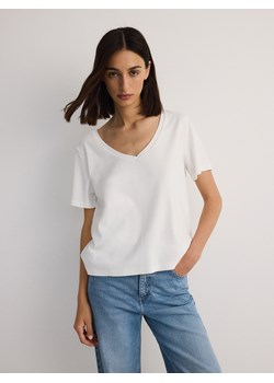 Reserved - Bawełniany t-shirt - złamana biel ze sklepu Reserved w kategorii Bluzki damskie - zdjęcie 173659859