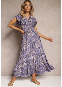 Granatowa Bawełniana Sukienka Paisley z Kopertowym Dekoltem z Falbaną i Gumką w Talii Brionea ze sklepu Renee odzież w kategorii Sukienki - zdjęcie 173664917