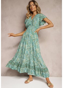 Zielona Bawełniana Sukienka Paisley z Kopertowym Dekoltem z Falbaną i Gumką w Talii Brionea ze sklepu Renee odzież w kategorii Sukienki - zdjęcie 173664927