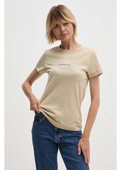 Calvin Klein Jeans t-shirt bawełniany damski kolor beżowy J20J223563 ze sklepu ANSWEAR.com w kategorii Bluzki damskie - zdjęcie 173669345
