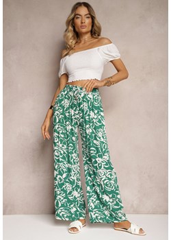 Zielone Spodnie High Waist z Wiskozy w Kwiaty z Szerokimi Nogawkami i Gumką w Pasie Gronea ze sklepu Renee odzież w kategorii Spodnie damskie - zdjęcie 173678217