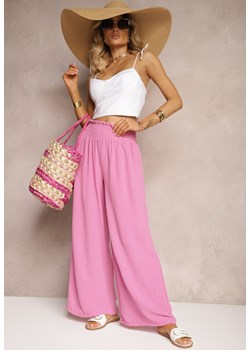 Różowe Spodnie High Waist z Szerokimi Nogawkami i Gumką w Pasie Risabessa ze sklepu Renee odzież w kategorii Spodnie damskie - zdjęcie 173678387