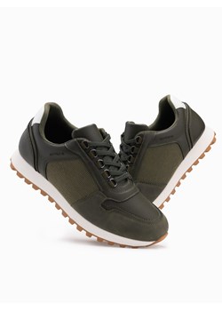 Patchworkowe męskie buty sneakersy z łączonych materiałów – ciemnooliwkowe V4 OM-FOSL-0144 ze sklepu ombre w kategorii Buty sportowe męskie - zdjęcie 173691488