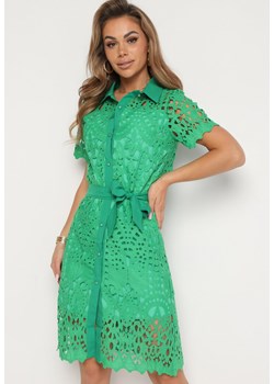 Zielona Koszulowa Sukienka z Koronkowej Tkaniny z Materiałowym Paskiem Noraly ze sklepu Born2be Odzież w kategorii Sukienki - zdjęcie 173699368