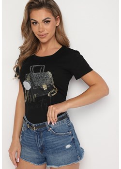 Czarny Bawełniany T-shirt z Błyszczącym Nadrukiem Karonea ze sklepu Born2be Odzież w kategorii Bluzki damskie - zdjęcie 173699669