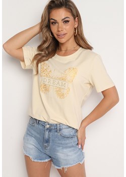 Beżowy Bawełniany T-shirt Ozdobiony Cyrkoniami Jolinea ze sklepu Born2be Odzież w kategorii Bluzki damskie - zdjęcie 173699846