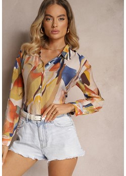 Beżowo-Granatowa Koszula o Klasycznym Fasonie w Abstrakcyjny Wzór Ratevia ze sklepu Renee odzież w kategorii Koszule damskie - zdjęcie 173701308