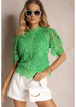 Zielona Bluzka z Krótkimi Rękawami z Ażurowej Tkaniny Anisela ze sklepu Renee odzież w kategorii Bluzki damskie - zdjęcie 173701338