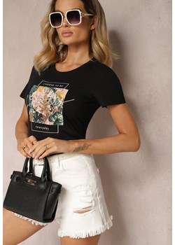Czarny T-shirt z Bawełny Wykończony Nadrukiem Nellindrae ze sklepu Renee odzież w kategorii Bluzki damskie - zdjęcie 173701388