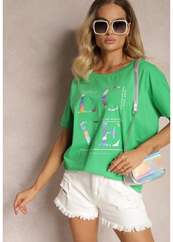 Zielony Bawełniany T-shirt Ozdobiony Nadrukiem o Metalicznym Połysku Nolinea ze sklepu Renee odzież w kategorii Bluzki damskie - zdjęcie 173701408
