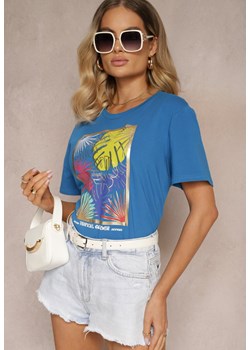 Niebieski Casualowy T-shirt z Bawełny Ozdobiony Tropikalnym Motywem Adrinea ze sklepu Renee odzież w kategorii Bluzki damskie - zdjęcie 173701448