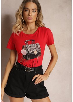 Czerwony T-shirt z Bawełny z Krótkim Rękawem Ozdobiony Nadrukiem z Cyrkoniami Laronea ze sklepu Renee odzież w kategorii Bluzki damskie - zdjęcie 173714686