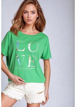 Zielony T-shirt z Bawełny Ozdobiony Metalicznym Napisem Mironea ze sklepu Born2be Odzież w kategorii Bluzki damskie - zdjęcie 173716318