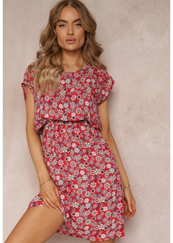 Czerwona Wiskozowa Sukienka Mini z Gumką w Talii w Kwiaty Holtis ze sklepu Renee odzież w kategorii Sukienki - zdjęcie 173716369