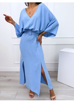 Błękitna Sukienka Maxi z Rozcięciami i Paskiem ze sklepu ModnaKiecka.pl w kategorii Sukienki - zdjęcie 173718206