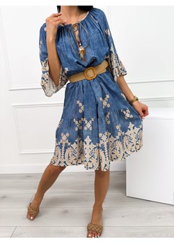 Niebieska Sukienka w Beżowy Wzór ze sklepu ModnaKiecka.pl w kategorii Sukienki - zdjęcie 173718246