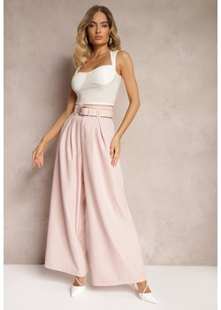 Różowe Garniturowe Spodnie z Szerokimi Nogawkami i Paskiem Wastorea ze sklepu Renee odzież w kategorii Spodnie damskie - zdjęcie 173726785