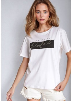Biały Klasyczny Bawełniany T-shirt z Napisem z Cyrkonii Taronea ze sklepu Born2be Odzież w kategorii Bluzki damskie - zdjęcie 173731568
