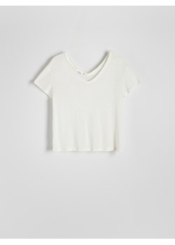 Reserved - T- shirt z lnem i wiskozą - złamana biel ze sklepu Reserved w kategorii Bluzki damskie - zdjęcie 173748846