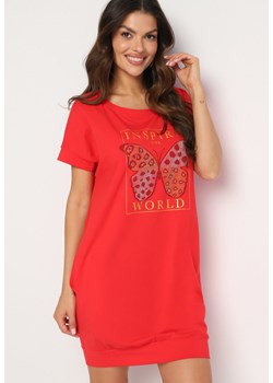 Czerwona Sukienka w Stylu T-Shirt z Nadrukiem Ozdobionym Cyrkoniami Kelifea ze sklepu Born2be Odzież w kategorii Sukienki - zdjęcie 173752428