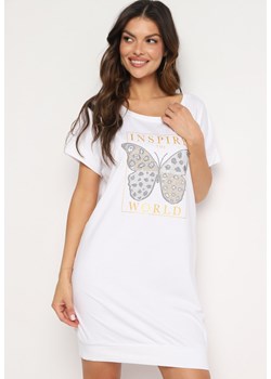 Biała Sukienka w Stylu T-Shirt z Nadrukiem Ozdobionym Cyrkoniami Kelifea ze sklepu Born2be Odzież w kategorii Sukienki - zdjęcie 173752435