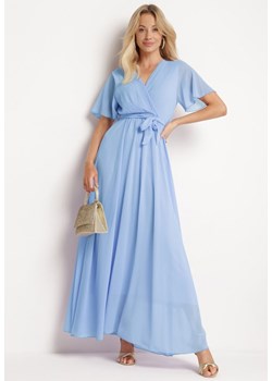 Niebieska  Kopertowa Sukienka z Gumką w Pasie i Plisowaną Górą Davitri ze sklepu Born2be Odzież w kategorii Sukienki - zdjęcie 173752626