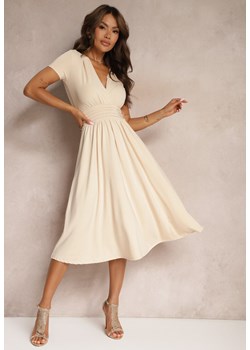 Beżowa Sukienka Taliowana z Kopertowym Dekoltem o Rozkloszowanym Kroju Rimadea ze sklepu Renee odzież w kategorii Sukienki - zdjęcie 173755387