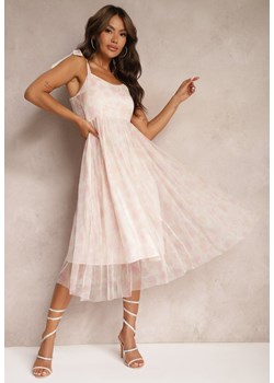 Różowa Taliowana Sukienka w Kwiaty Ozdobiona Ramiączkami z Wiązaniem Coradea ze sklepu Renee odzież w kategorii Sukienki - zdjęcie 173755407