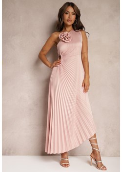 Różowa Asymetryczna Sukienka z Plisowanym Dołem i Aplikacją w Kształcie Kwiatu Fevima ze sklepu Renee odzież w kategorii Sukienki - zdjęcie 173755486