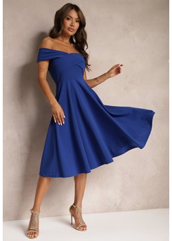 Niebieska Sukienka z Hiszpańskim Dekoltem o Rozkloszowanym Kroju Pelorea ze sklepu Renee odzież w kategorii Sukienki - zdjęcie 173755566