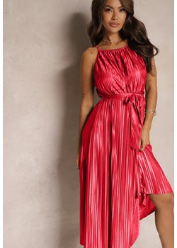 Czerwona Sukienka Plisowana z Paskiem w Talii na Cienkich Ramiączkach Wasea ze sklepu Renee odzież w kategorii Sukienki - zdjęcie 173776039