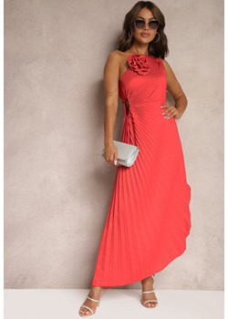 Czerwona Asymetryczna Sukienka z Plisowanym Dołem i Aplikacją w Kształcie Kwiatu Fevima ze sklepu Renee odzież w kategorii Sukienki - zdjęcie 173776299