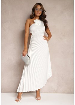 Biała Asymetryczna Sukienka z Plisowanym Dołem i Aplikacją w Kształcie Kwiatu Fevima ze sklepu Renee odzież w kategorii Sukienki - zdjęcie 173776305