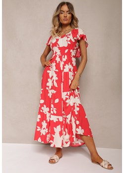 Czerwono-Biała Rozkloszowana Sukienka z Wiskozy z Gumką w Pasie Nansiane ze sklepu Renee odzież w kategorii Sukienki - zdjęcie 173776449