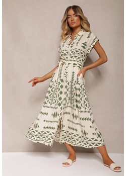 Beżowo-Zielona Taliowana Sukienka z Wiskozy z Materiałowym Paskiem w Talii Nasiona ze sklepu Renee odzież w kategorii Sukienki - zdjęcie 173776469