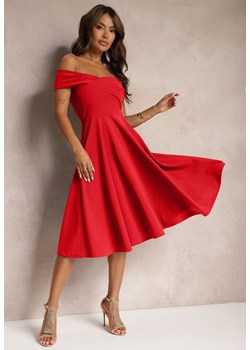 Czerwona Sukienka z Hiszpańskim Dekoltem o Rozkloszowanym Kroju Pelorea ze sklepu Renee odzież w kategorii Sukienki - zdjęcie 173777475