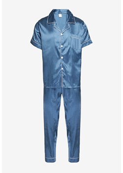 Niebieski Satynowy Komplet Piżamowy Bluzka z Krótkim Rękawem na Guziki i Długie Spodnie Rivasiel ze sklepu Born2be Odzież w kategorii Piżamy damskie - zdjęcie 173777539