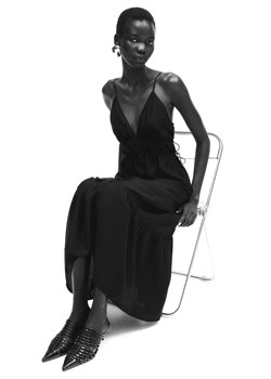 H & M - Długa sukienka z tasiemką do ściągania - Czarny ze sklepu H&M w kategorii Sukienki - zdjęcie 173780558