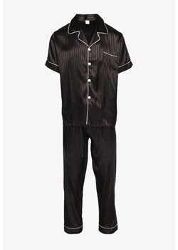 Czarny Komplet Piżamowy Satynowy Koszula z Krótkim Rękawem Długie Spodnie Rivaellia ze sklepu Renee odzież w kategorii Piżamy damskie - zdjęcie 173784837