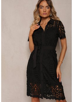 Czarna Ażurowa Sukienka Koszulowa Wiązana w Pasie Lonnija ze sklepu Renee odzież w kategorii Sukienki - zdjęcie 173789567