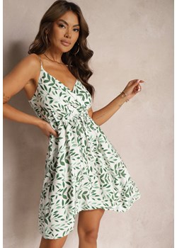 Biało-Zielona Sukienka z Bawełny na Ramiączkach z Kopertowym Dekoltem i Wiązaniem w Pasie Salnena ze sklepu Renee odzież w kategorii Sukienki - zdjęcie 173800959
