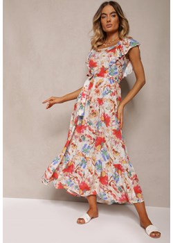 Beżowo-Różowa Kwiecista Sukienka z Wiskozy z Falbanką na Ramiączkach z Materiałowym Paskiem Nuclemia ze sklepu Renee odzież w kategorii Sukienki - zdjęcie 173801116