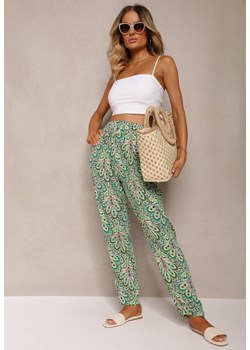 Zielone Wiskozowe Spodnie High Waist z Kwiatowym Wzorem i Gumką w Talii Rivaraes ze sklepu Renee odzież w kategorii Spodnie damskie - zdjęcie 173805568