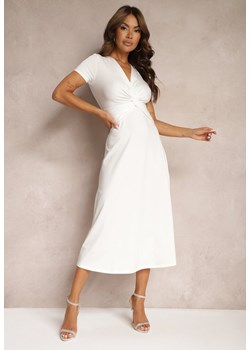 Biała Sukienka o Taliowanym Kroju z Imitacją Węzła i Trójkątnym Dekoltem Telvitela ze sklepu Renee odzież w kategorii Sukienki - zdjęcie 173805788