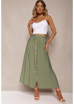 Zielona Wiskozowa Spódnica Rozkloszowana z Lnem Ozdobiona Guzikami Namsila ze sklepu Renee odzież w kategorii Spódnice - zdjęcie 173805918