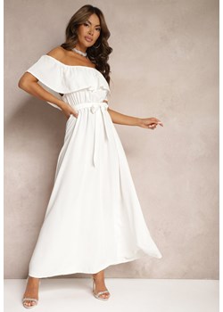 Biała Sukienka z Hiszpańskim Dekoltem i Dodatkiem Bawełny z Gumką i Paskiem w Talii Vimasine ze sklepu Renee odzież w kategorii Sukienki - zdjęcie 173806078