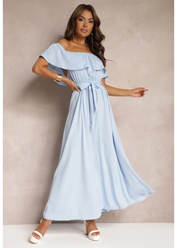 Jasnoniebieska Sukienka z Hiszpańskim Dekoltem i Dodatkiem Bawełny z Gumką i Paskiem w Talii Vimasine ze sklepu Renee odzież w kategorii Sukienki - zdjęcie 173806088