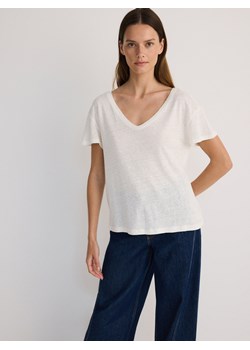 Reserved - T- shirt z lnem i wiskozą - złamana biel ze sklepu Reserved w kategorii Bluzki damskie - zdjęcie 173809357