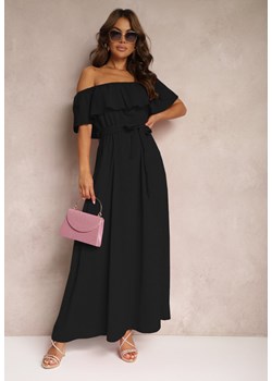 Czarna Sukienka z Hiszpańskim Dekoltem i Dodatkiem Bawełny z Gumką i Paskiem w Talii Vimasine ze sklepu Renee odzież w kategorii Sukienki - zdjęcie 173813279